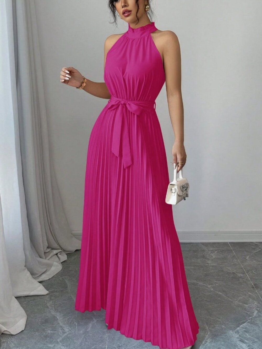 Pink Women's Elegant Romantic Pleated A-Line Dress - Picture 4 of 5